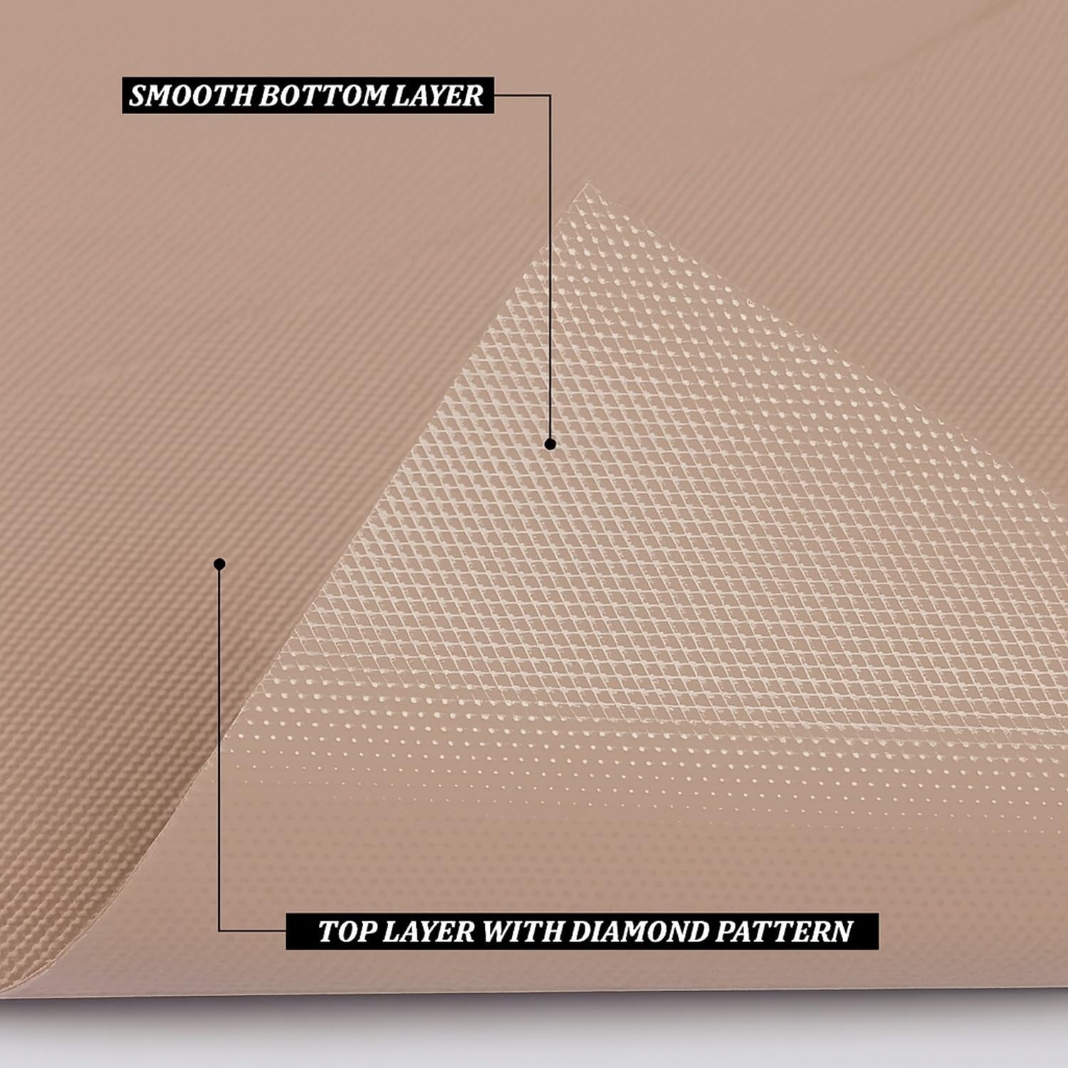 GoHooked beige EVA anti-slip fridge mat with diamond pattern top layer and smooth bottom layer.