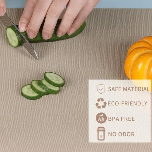 GoHooked beige EVA anti-slip fridge mat, washable, waterproof, BPA-free, cuttable shelf liner for kitchen use.
