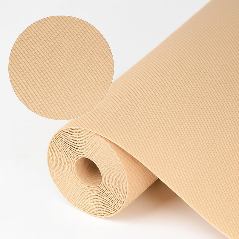 GoHooked beige EVA anti-slip fridge mat roll with textured surface for grip. Waterproof and cuttable liner.