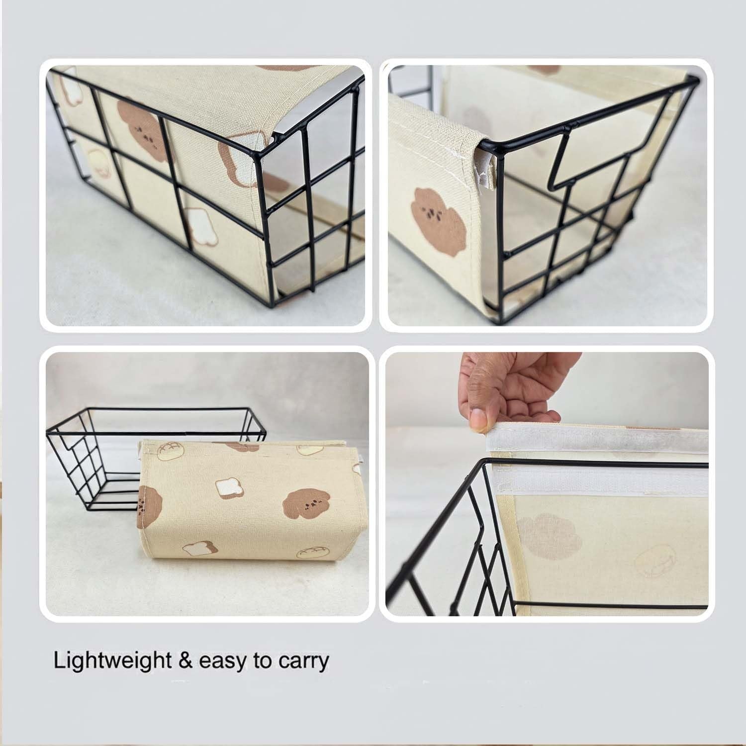 GoHooked beige metal storage basket with removable fabric liner featuring a cute bread and bear print. Rectangular wire frame.