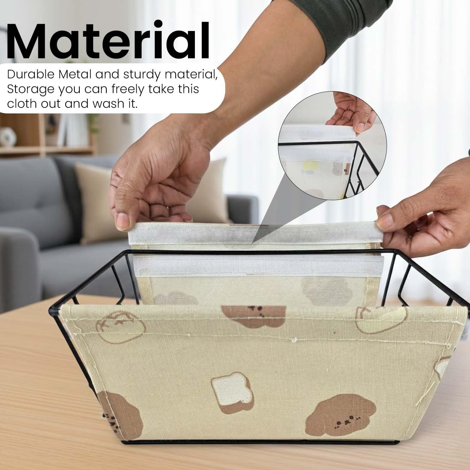 GoHooked beige metal storage basket with removable fabric liner featuring a cute bread and bear print. Ideal for home organization.