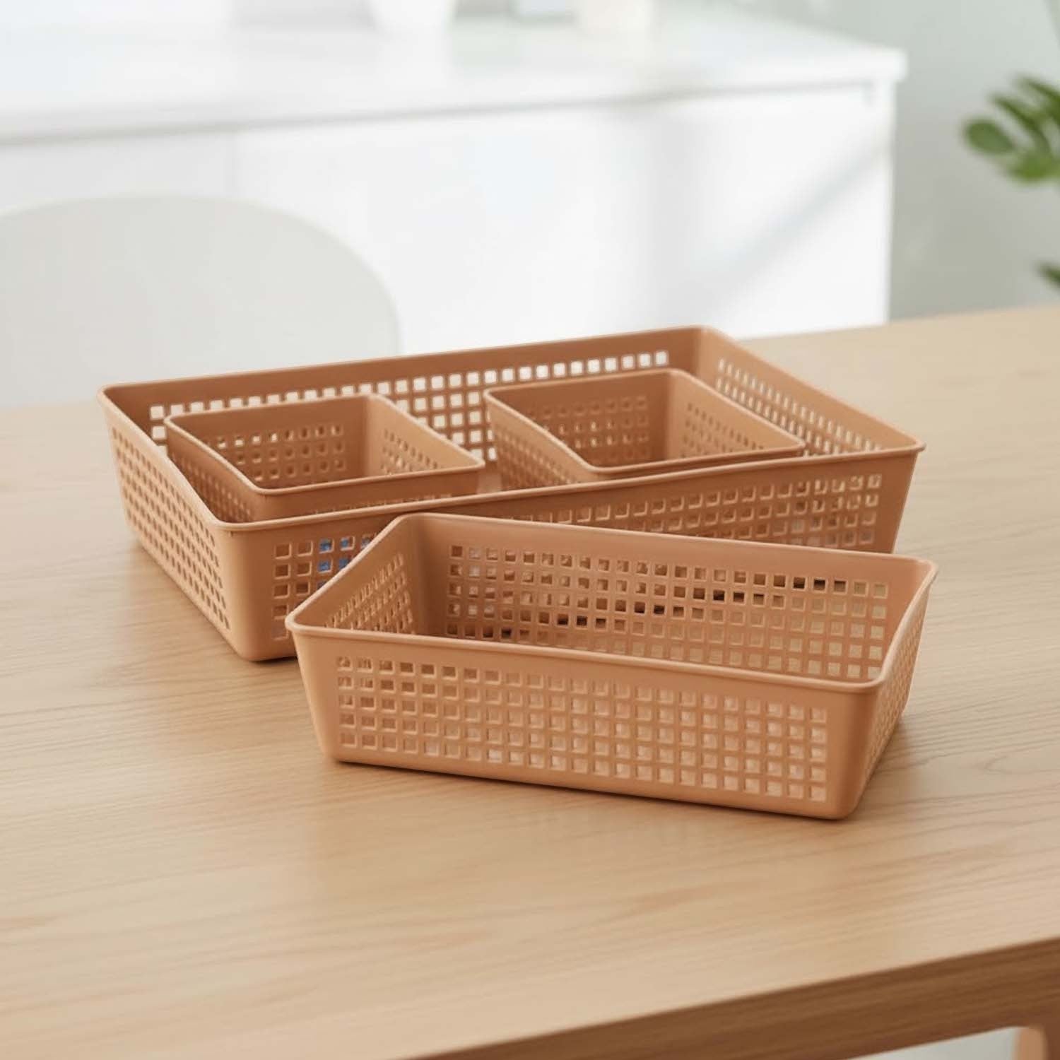 GoHooked 4-piece beige plastic storage basket set with ventilated grid design for home and office organization