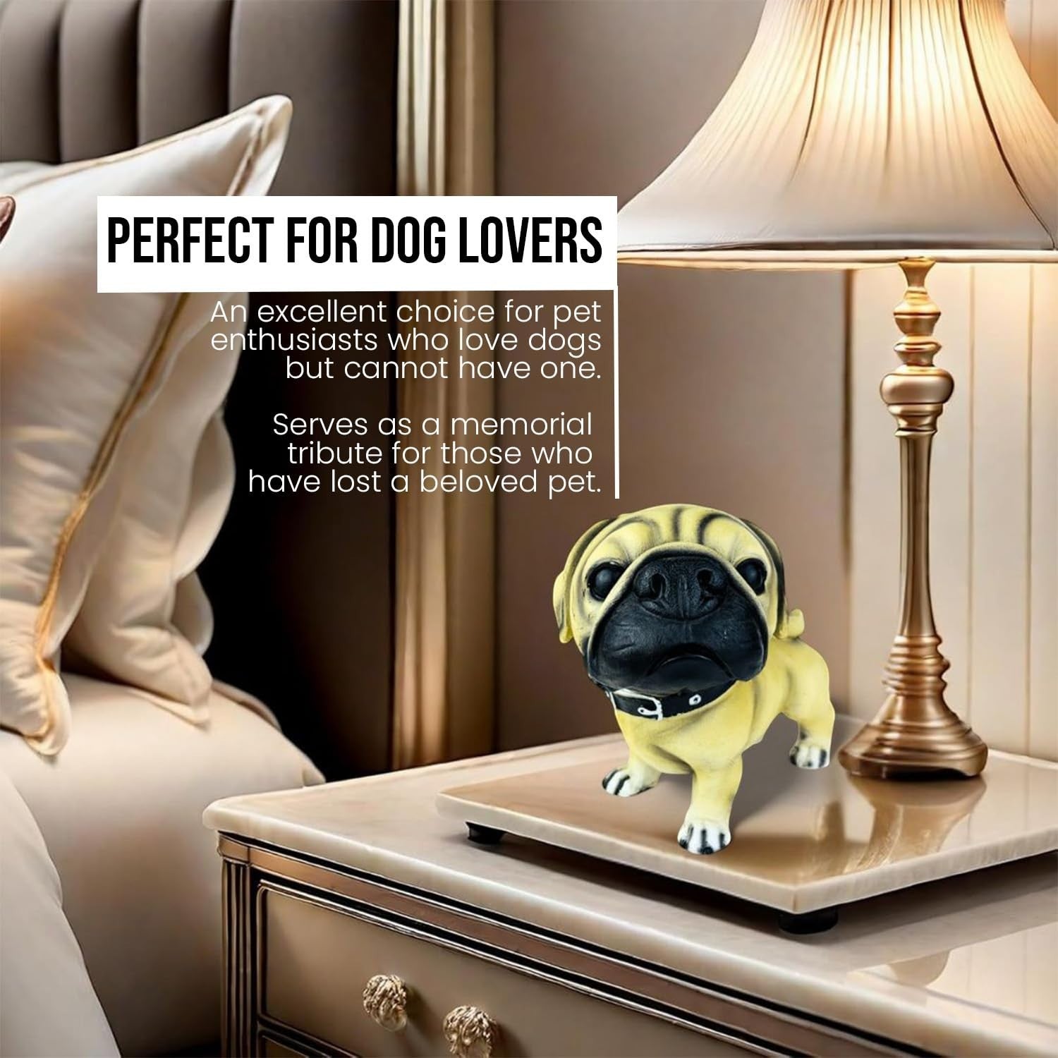 GoHooked beige polyresin pug figurine with black collar, hand-painted details, perfect for home, office, or car decor.