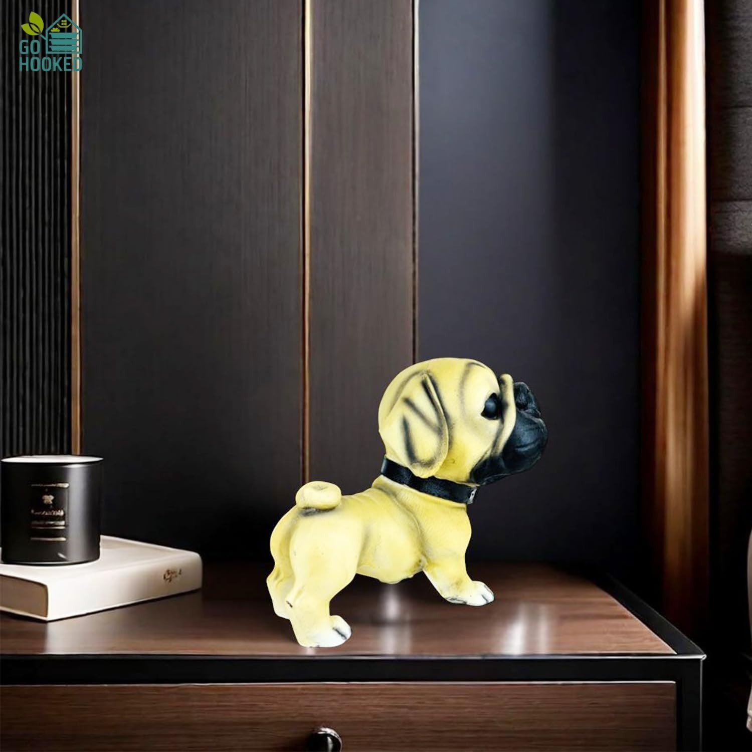 Go Hooked beige polyresin pug figurine with black collar, realistic hand-painted details, for home or car decor.