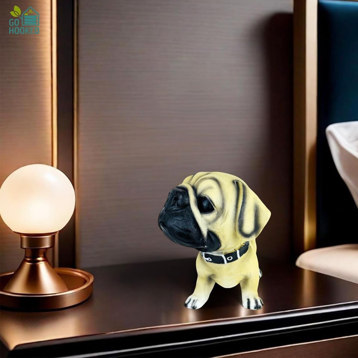 Go Hooked beige polyresin pug figurine with black collar, realistic hand-painted details, perfect for home, office, or car decor.
