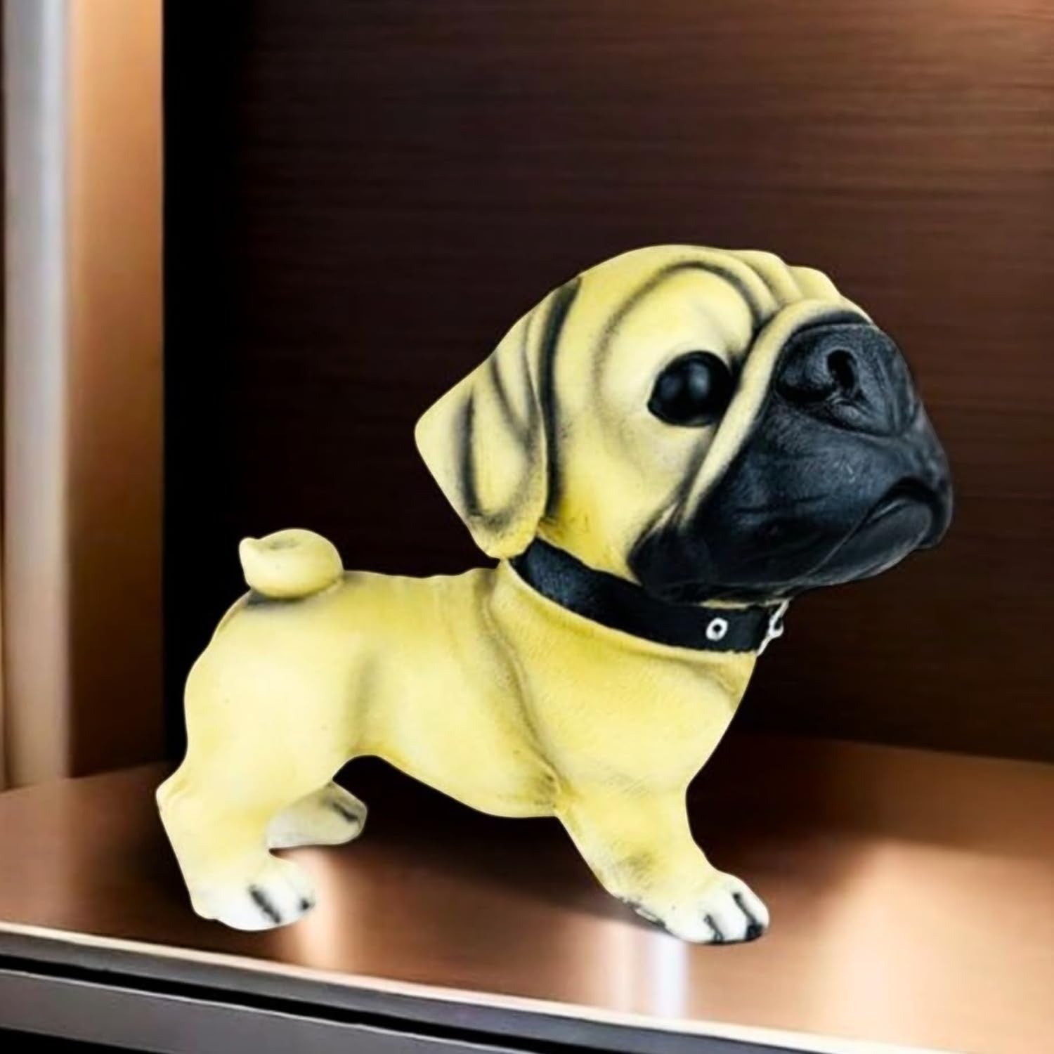 Go Hooked beige polyresin pug figurine with black collar, realistic hand-painted detailing, 19cm tall.