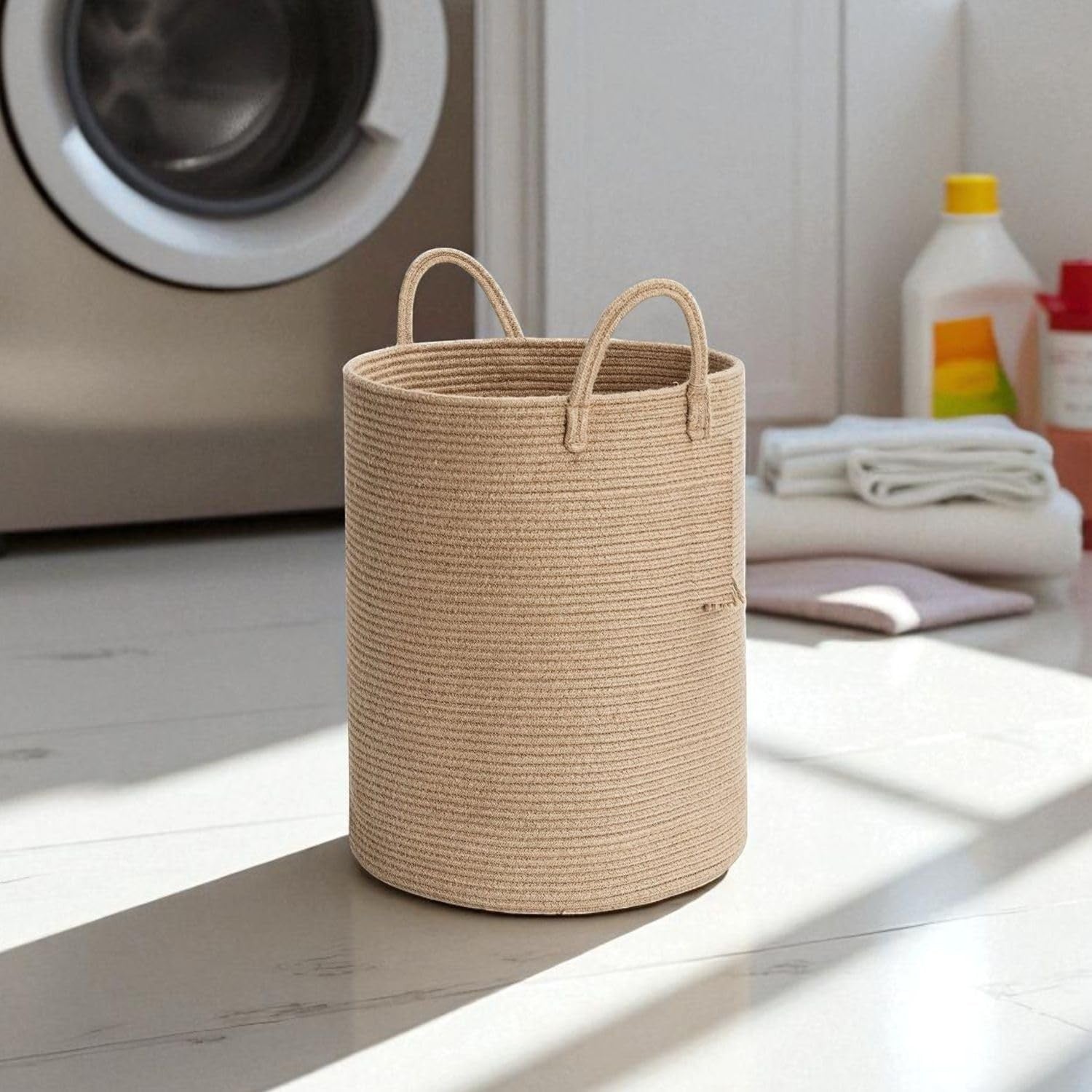 GoHooked beige woven rope laundry basket with handles, perfect for toy or clothes storage.