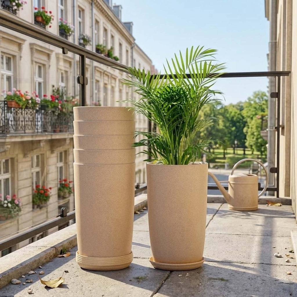 GoHooked set of 3 beige speckled plastic planters with saucers, one with a palm plant.