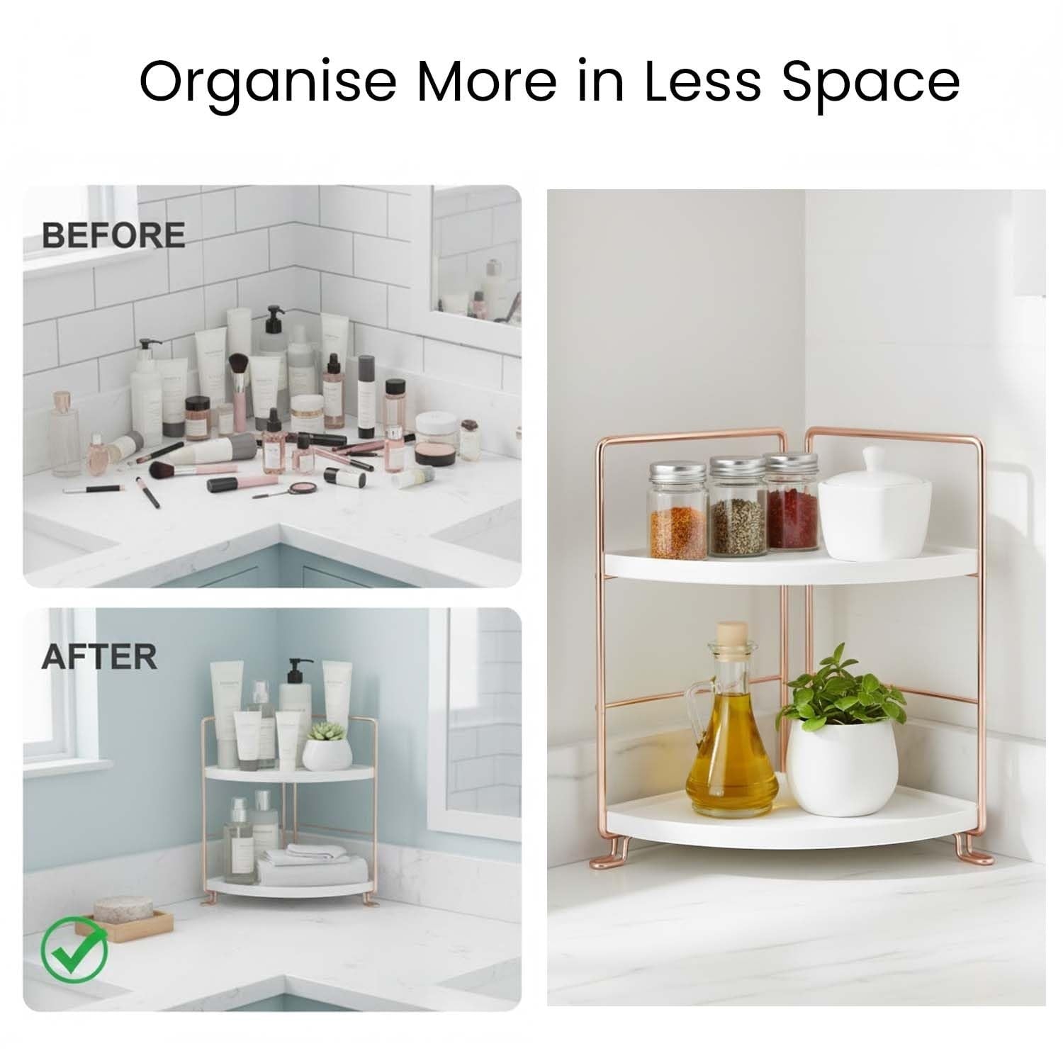 GoHooked Bianco white metal and polypropylene 2-tier corner shelf rack with rose gold accents, holding spices and oil.