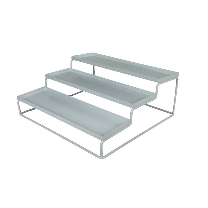 GoHooked Bianco 3-tier white powder-coated iron step rack for kitchen spice bottles, pantry, or bathroom storage.