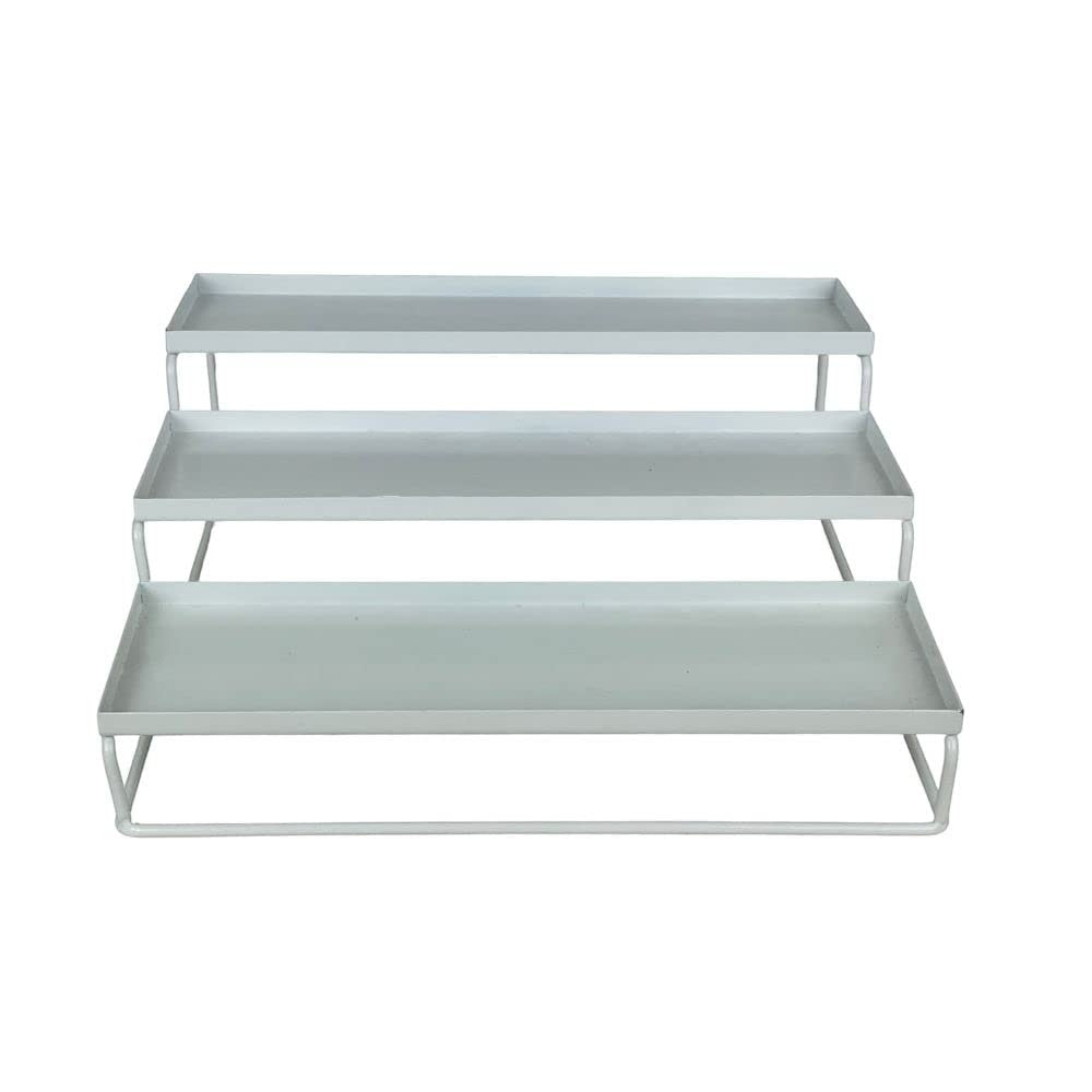GoHooked Bianco white 3-tier step standing rack for kitchen spice bottles, jars, and pantry organization.