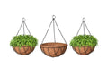 GoHooked Bianco 8" brown coir hanging baskets with metal chains, set of 3. Two baskets contain lush green ferns.