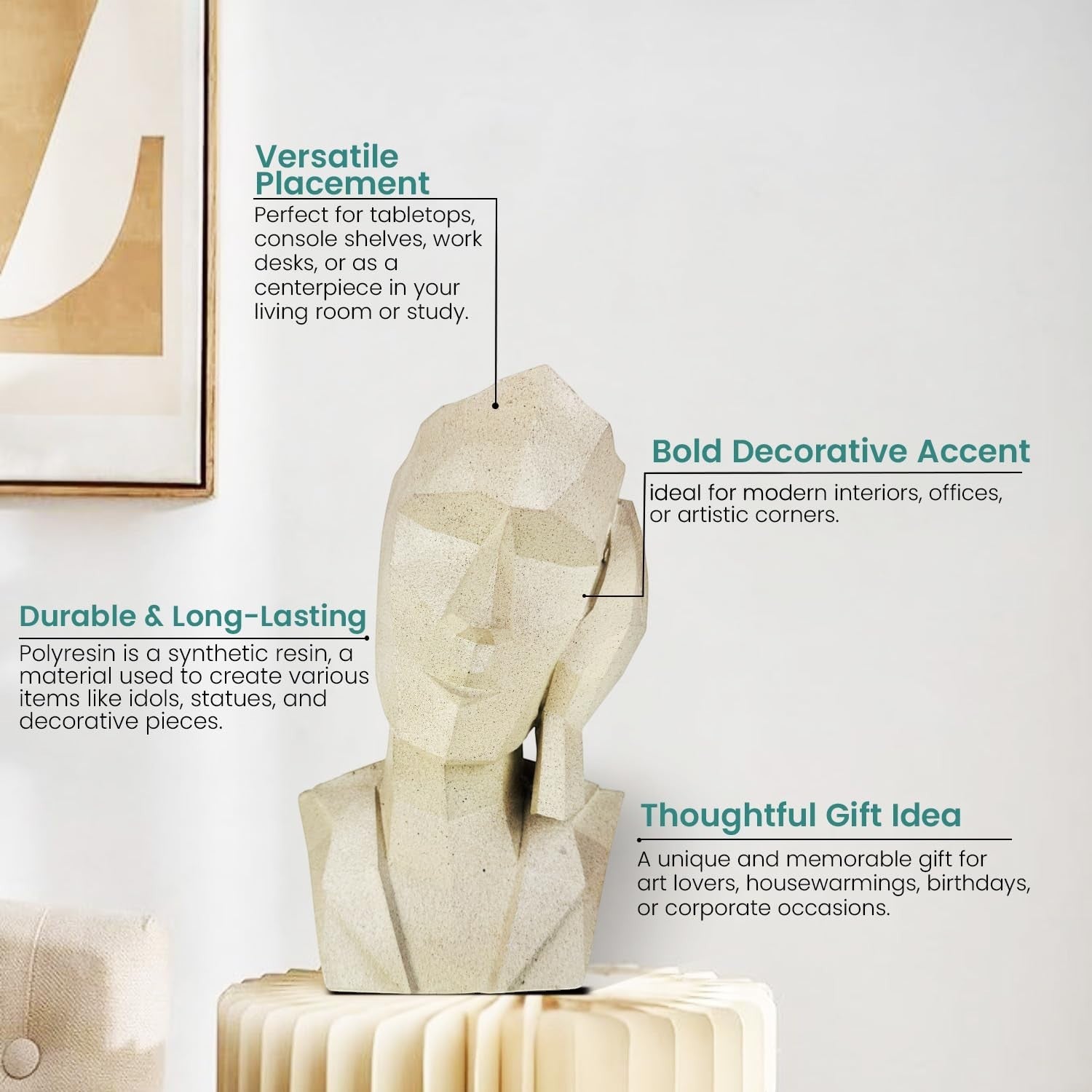 GoHooked Bianco abstract geometric face statue in marble finish, a modern polyresin showpiece for home and office decor.