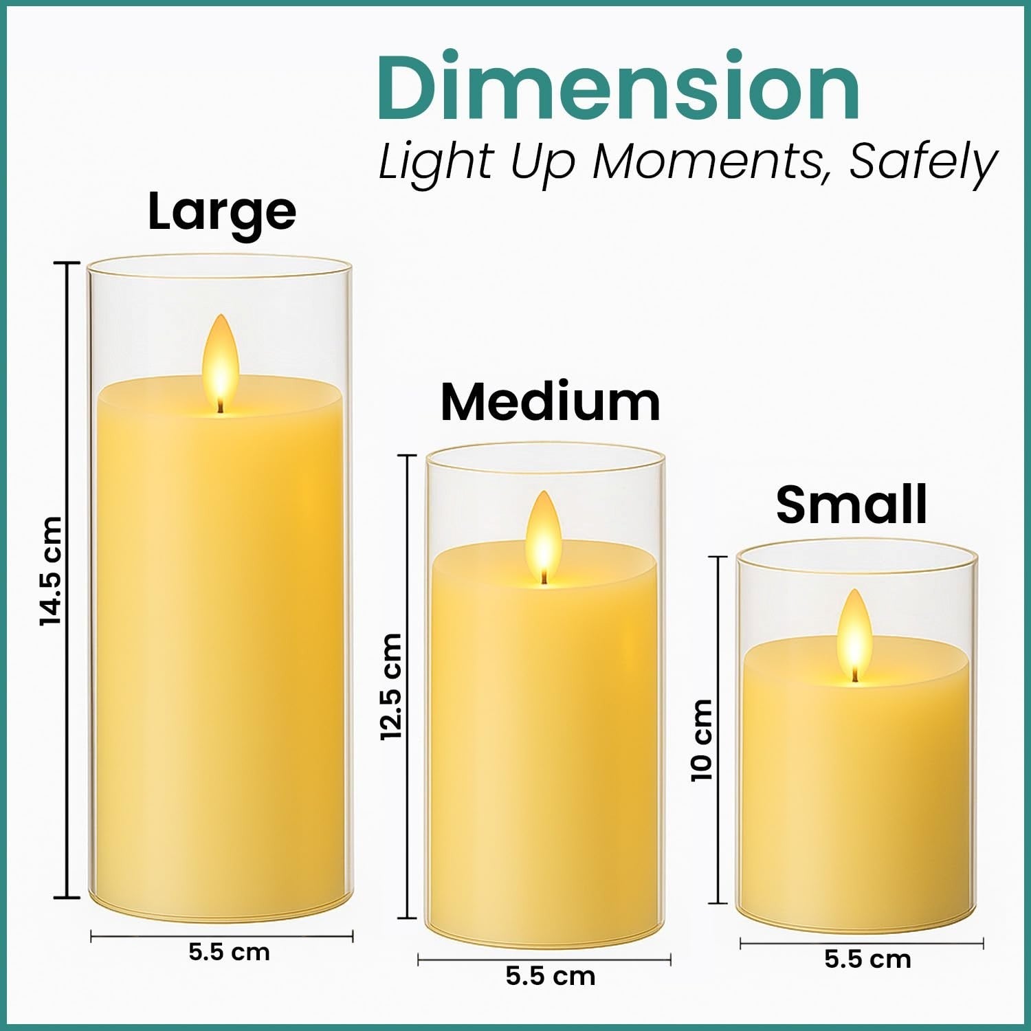 GoHooked BIANCO set of 3 golden acrylic LED tea light candles with realistic flickering flame effect.