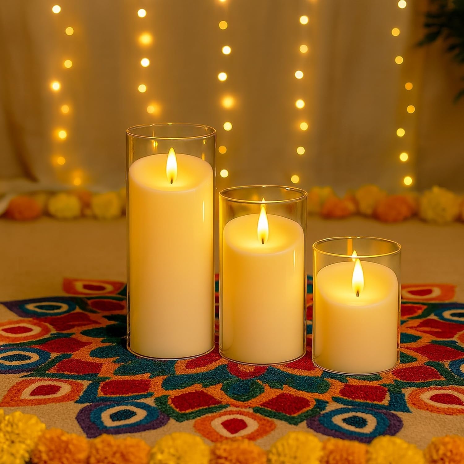 GoHooked BIANCO set of 3 transparent acrylic LED tea light candles with flickering flames.