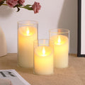 GoHooked BIANCO set of 3 transparent acrylic LED tea light candles with flickering flame effect.