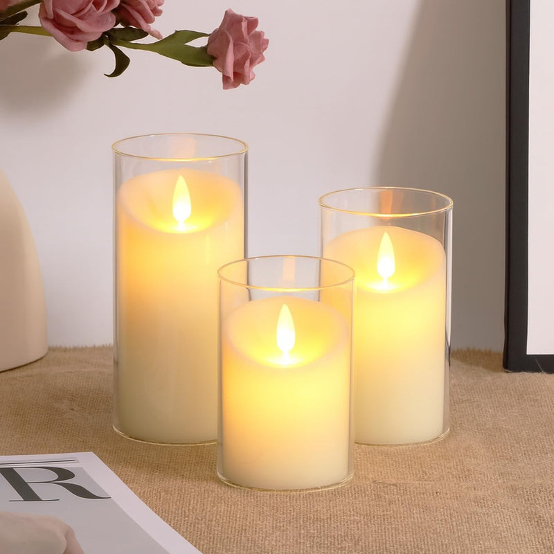 GoHooked BIANCO set of 3 transparent acrylic LED tea light candles with flickering flame effect.
