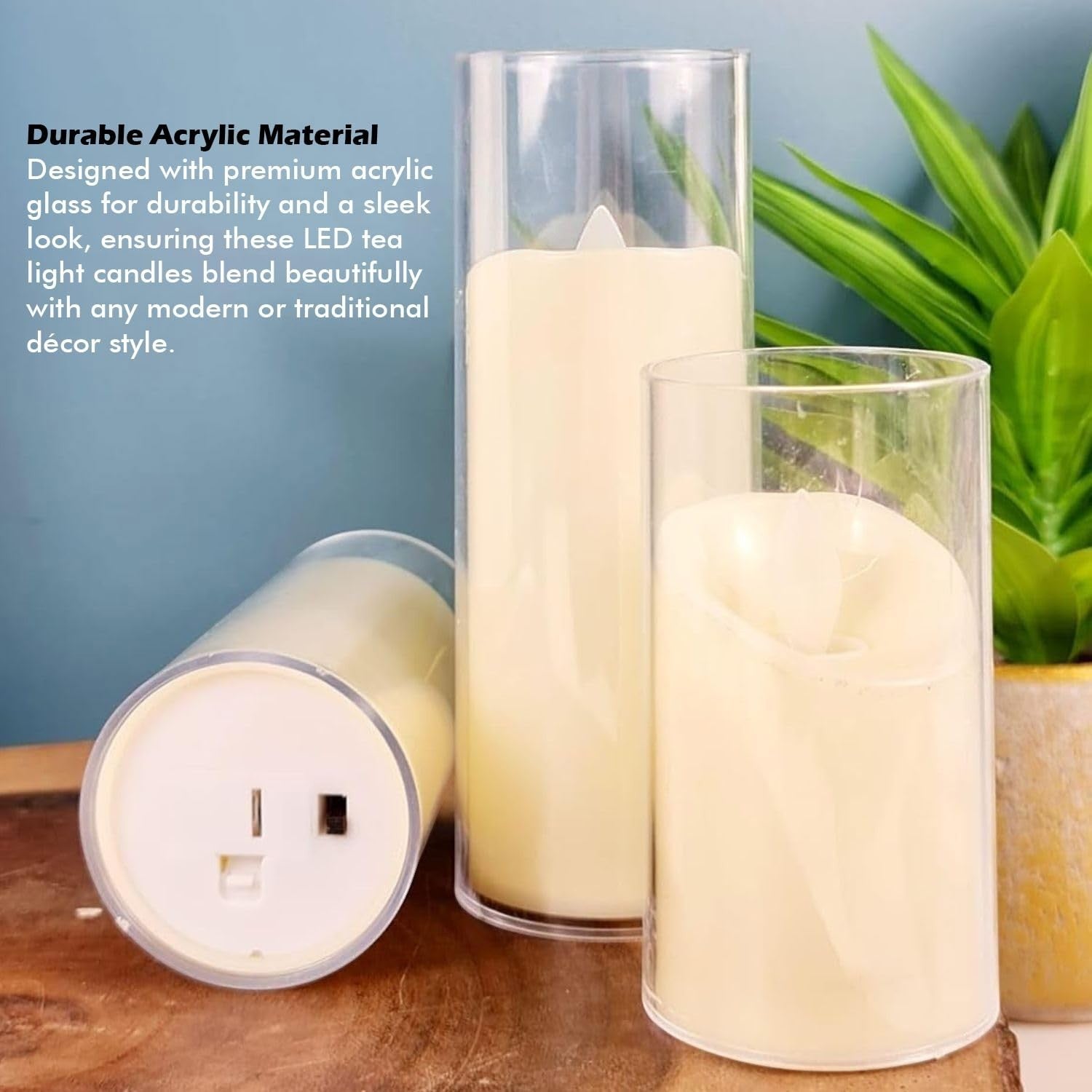 GoHooked BIANCO set of 3 transparent acrylic LED tea light candles with flickering flame effect.