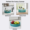 GoHooked Bianco aqua blue round metal storage tray with perforated design and side handles. Perfect for bathroom, study desk, or kitchen.