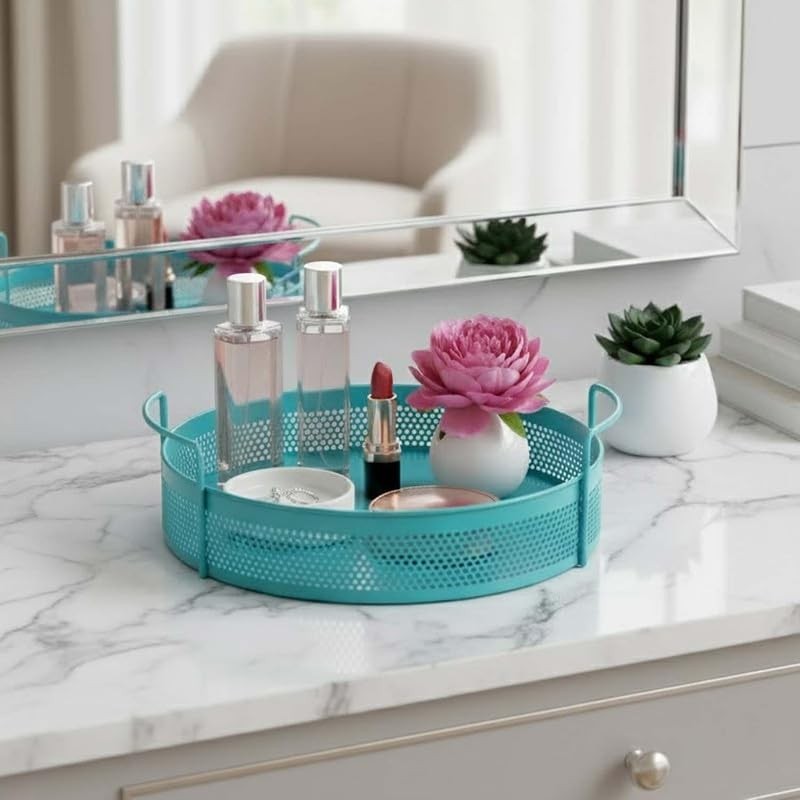 GoHooked Bianco aqua blue round metal storage tray with handles, perforated design, holding makeup and decor.