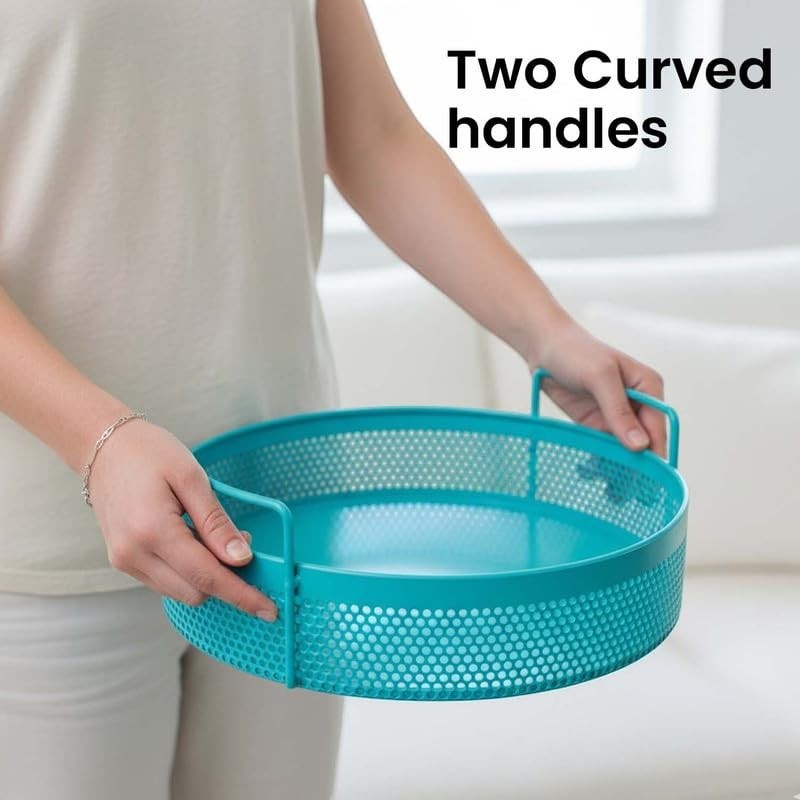 GoHooked Bianco Aqua Blue round metal storage tray with perforated sides and curved handles.
