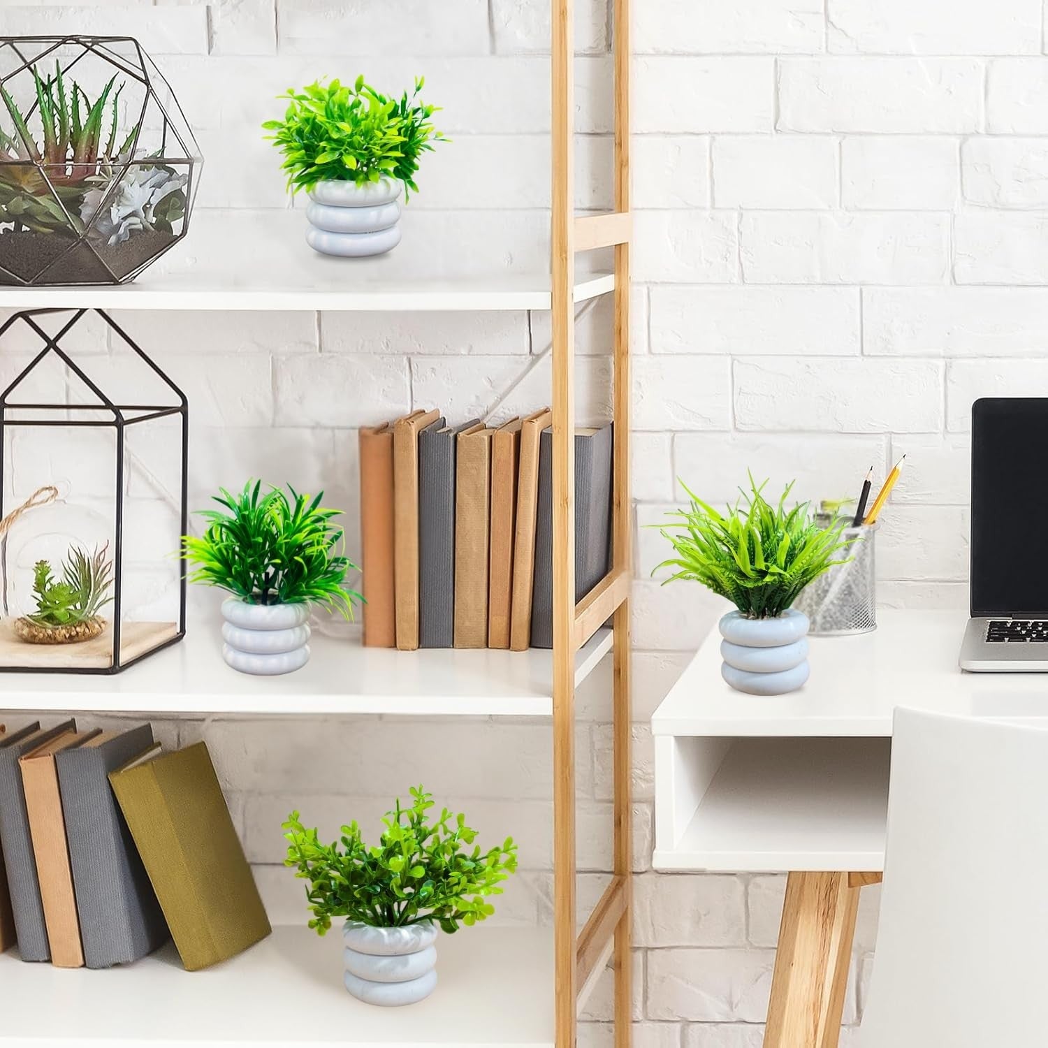 GoHooked BIANCO artificial mini plants in white round pots, 6 pack, for home and office decor.