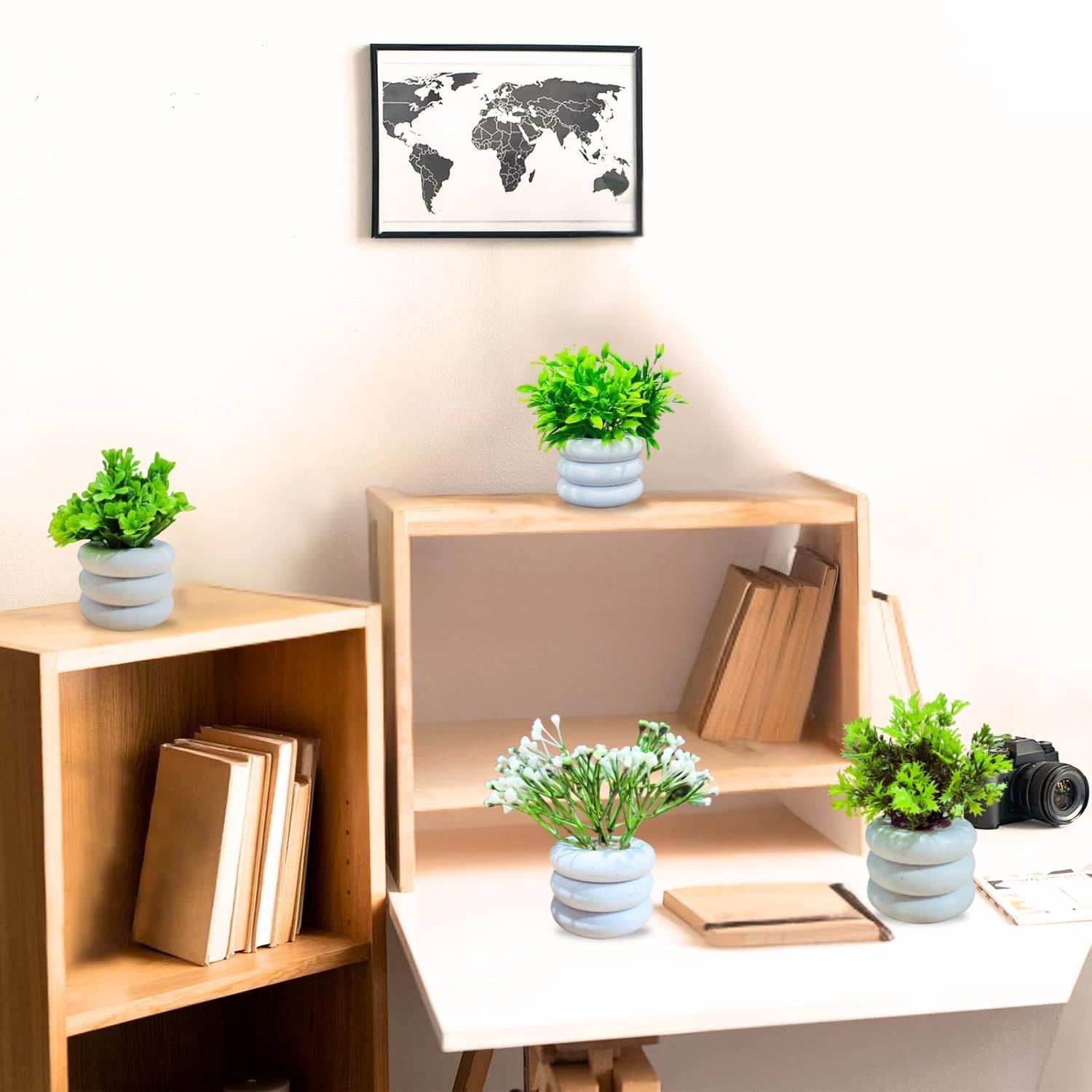 GoHooked Bianco artificial mini plants in white round pots, realistic greenery for home and office decor.