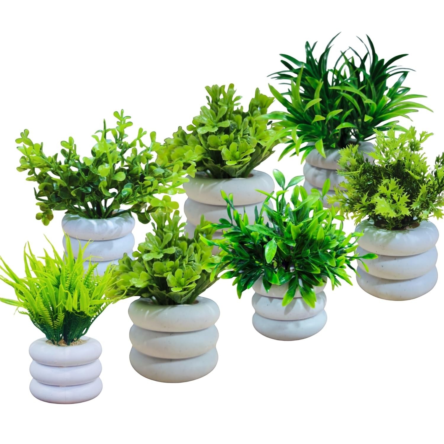 GoHooked Bianco artificial mini plants in white stacked pots, set of 7, realistic green foliage for home decor.