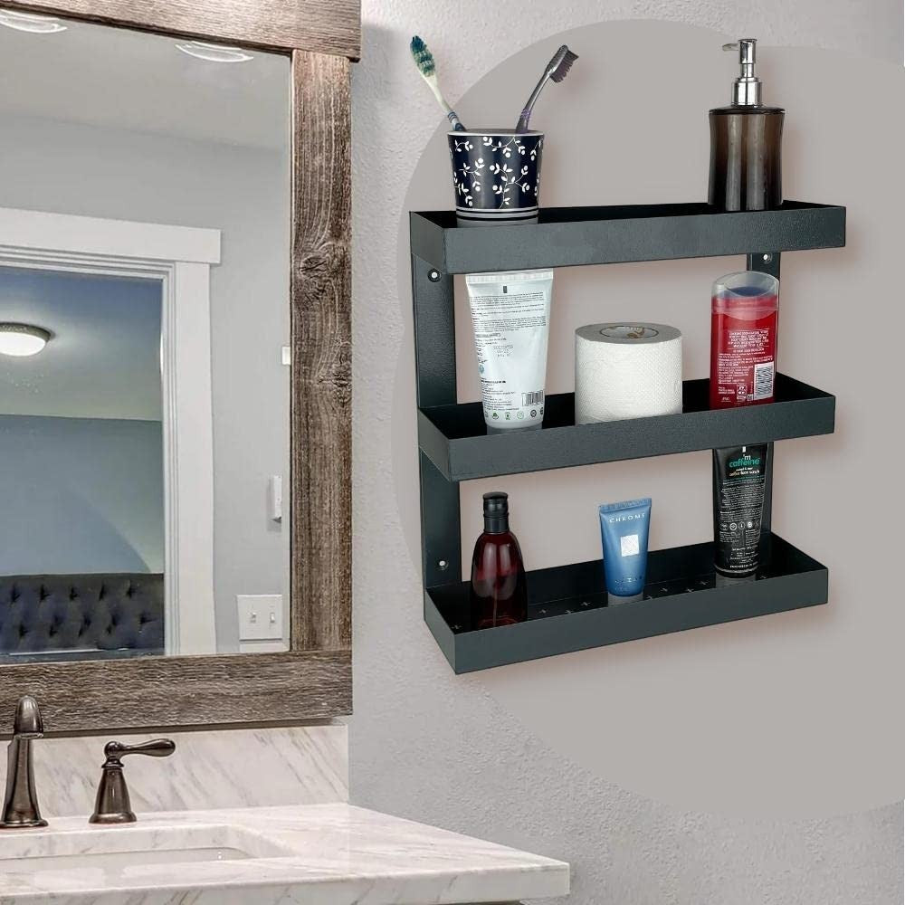 GoHooked Bianco black metal 3-tier bathroom shelf rack with toiletries, toothpaste, and soap dispenser.