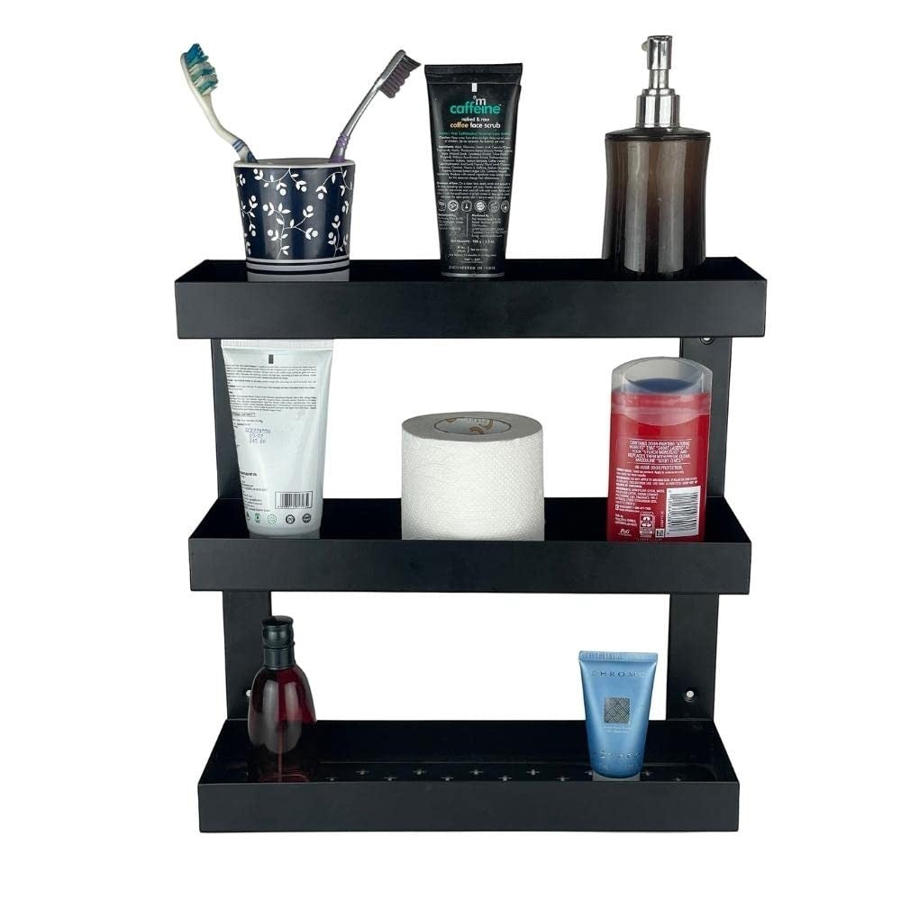 GoHooked Bianco black metal 3-tier bathroom shelf rack organizer holding toiletries, toilet paper, and cosmetics.