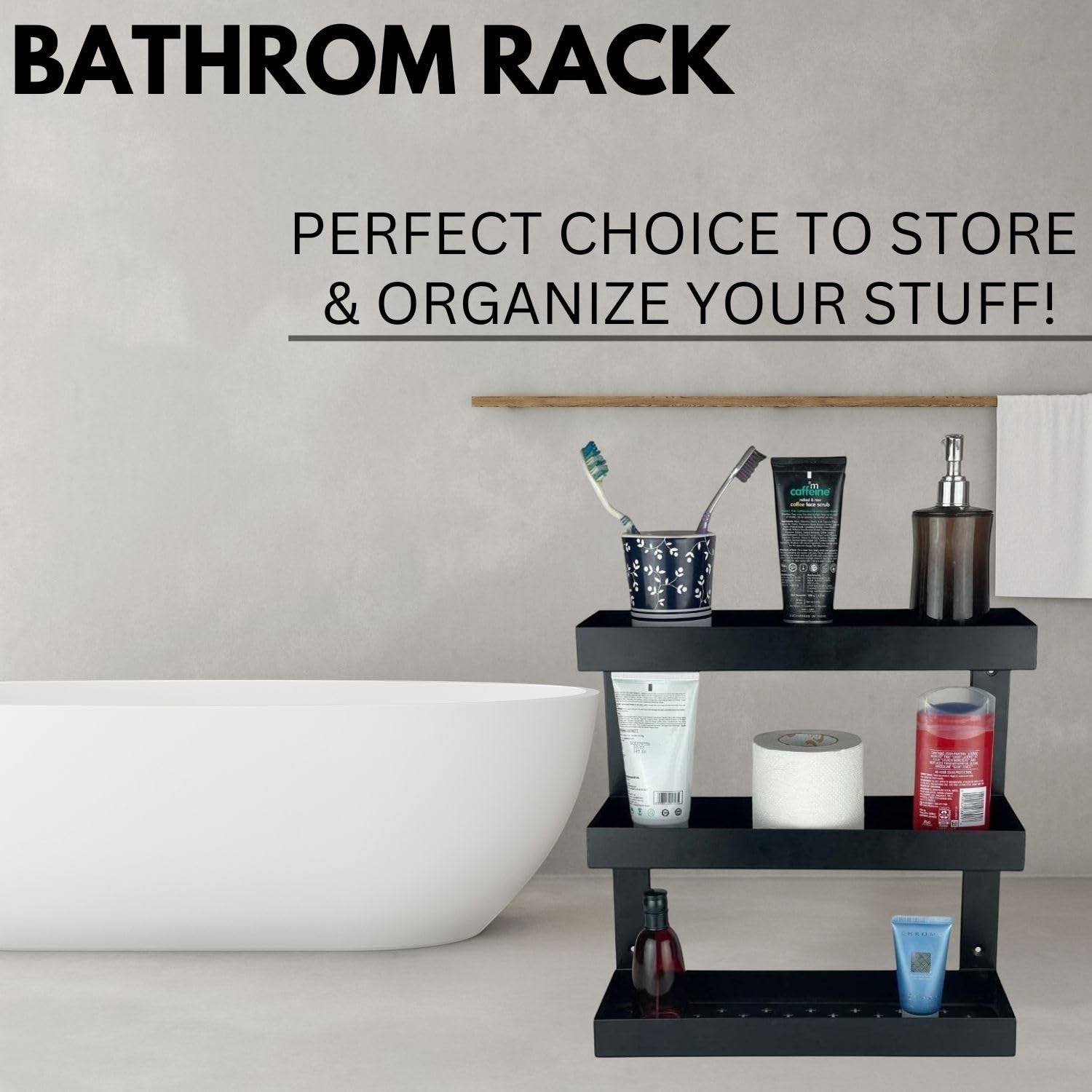 GoHooked Bianco black metal 3-tier bathroom shelf rack organizer holding toiletries, toilet paper, and soap.