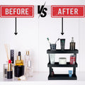 GoHooked Bianco black metal 3-tier bathroom shelf organizer holding toiletries, toothpaste, and soap.