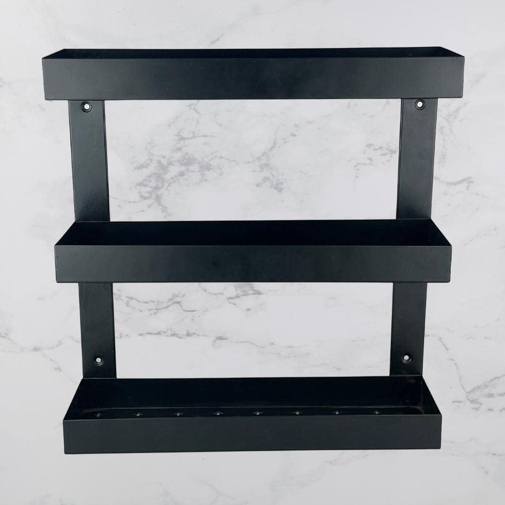 GoHooked Bianco black metal 3-tier bathroom shelf rack for versatile storage of toiletries, cosmetics, and kitchen essentials.