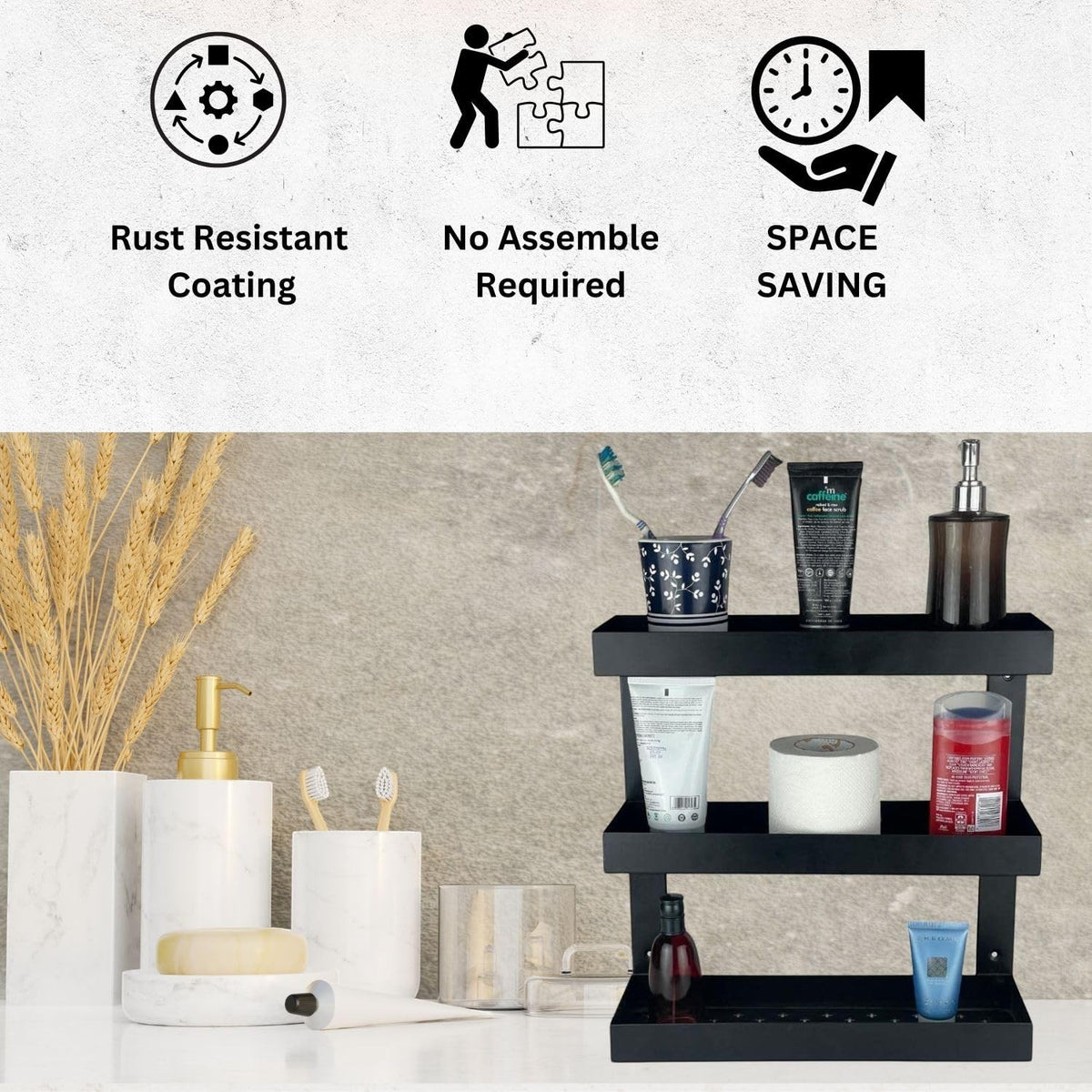 GoHooked Bianco black metal 3-tier bathroom shelf rack with rust-resistant coating, space-saving design.