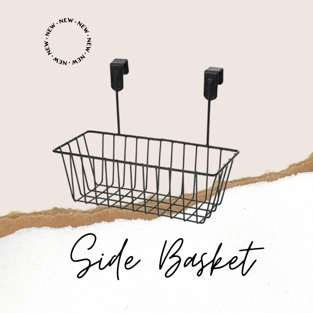 GoHooked Bianco black metal over-door hanging basket organizer. Features a wire mesh design and hooks for cabinet or door mounting.