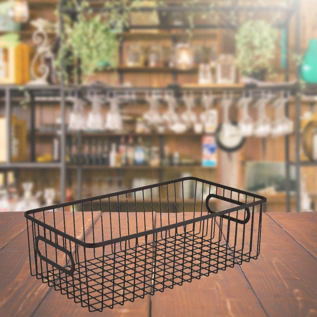 GoHooked Bianco black metal farmhouse pantry basket with wire grid design and integrated handles. 16" storage bin.