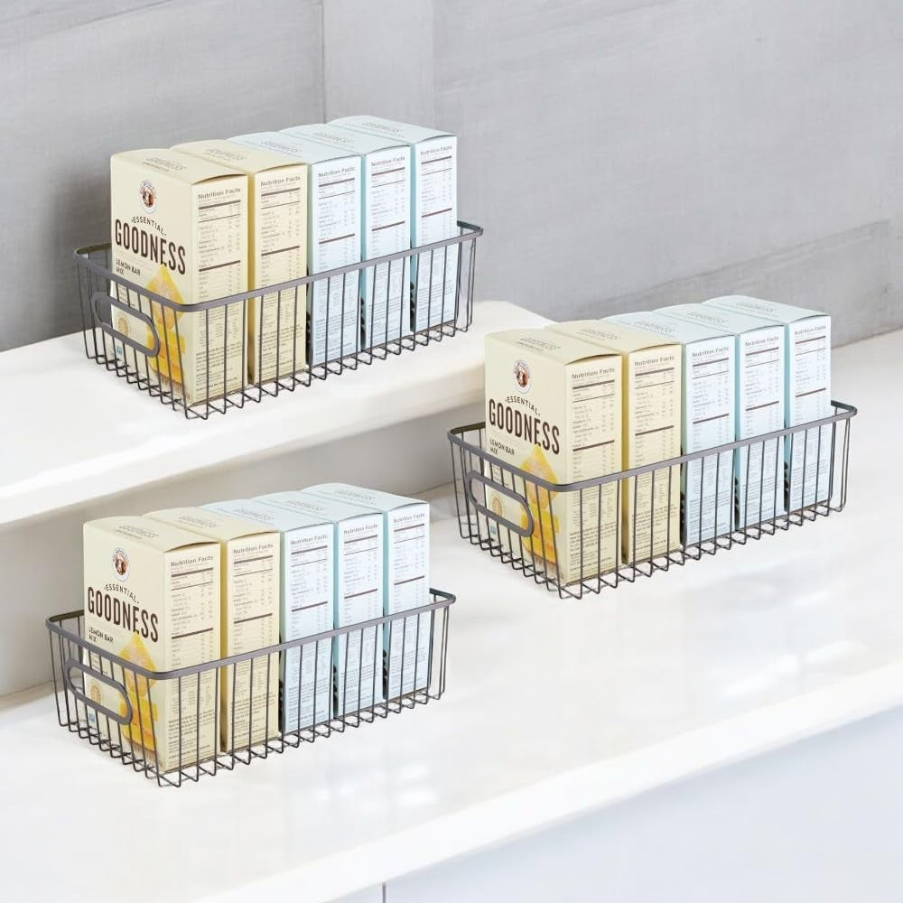 GoHooked Bianco black metal farmhouse pantry organizer baskets with wire grid design and handles, set of 3. Holds food boxes.
