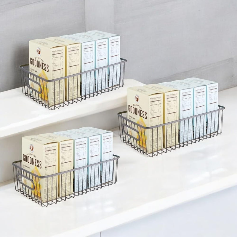 GoHooked Bianco black metal farmhouse pantry organizer baskets with wire grid design and handles, set of 3. Holds food boxes.