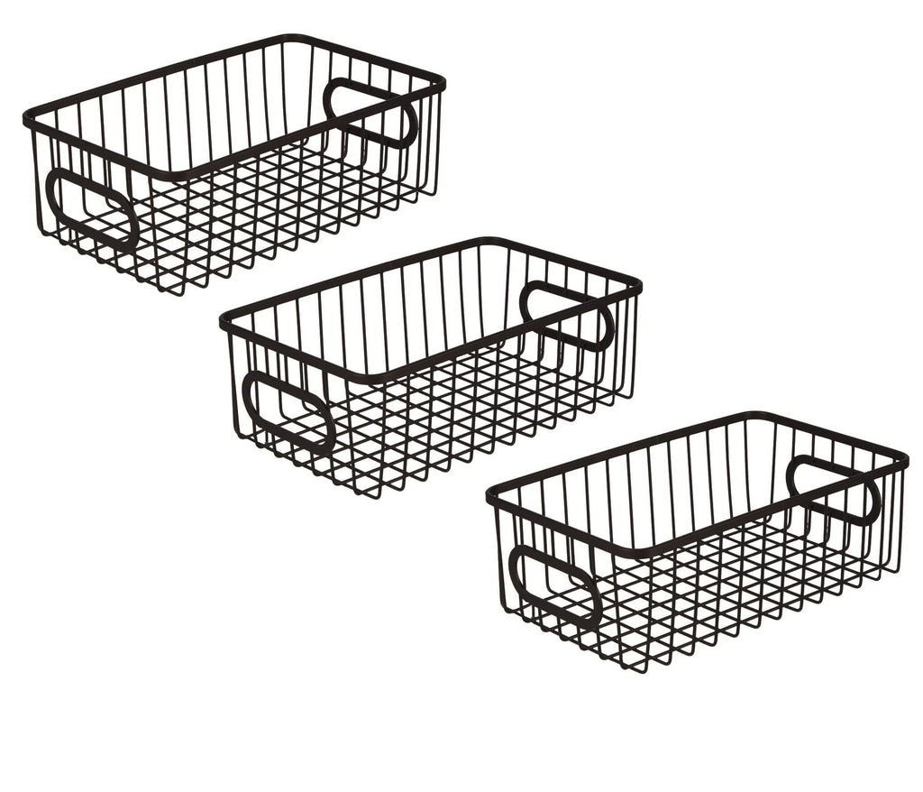 GoHooked Bianco black metal wire grid storage basket bin with handles, pack of 3. Modern design for versatile organization.