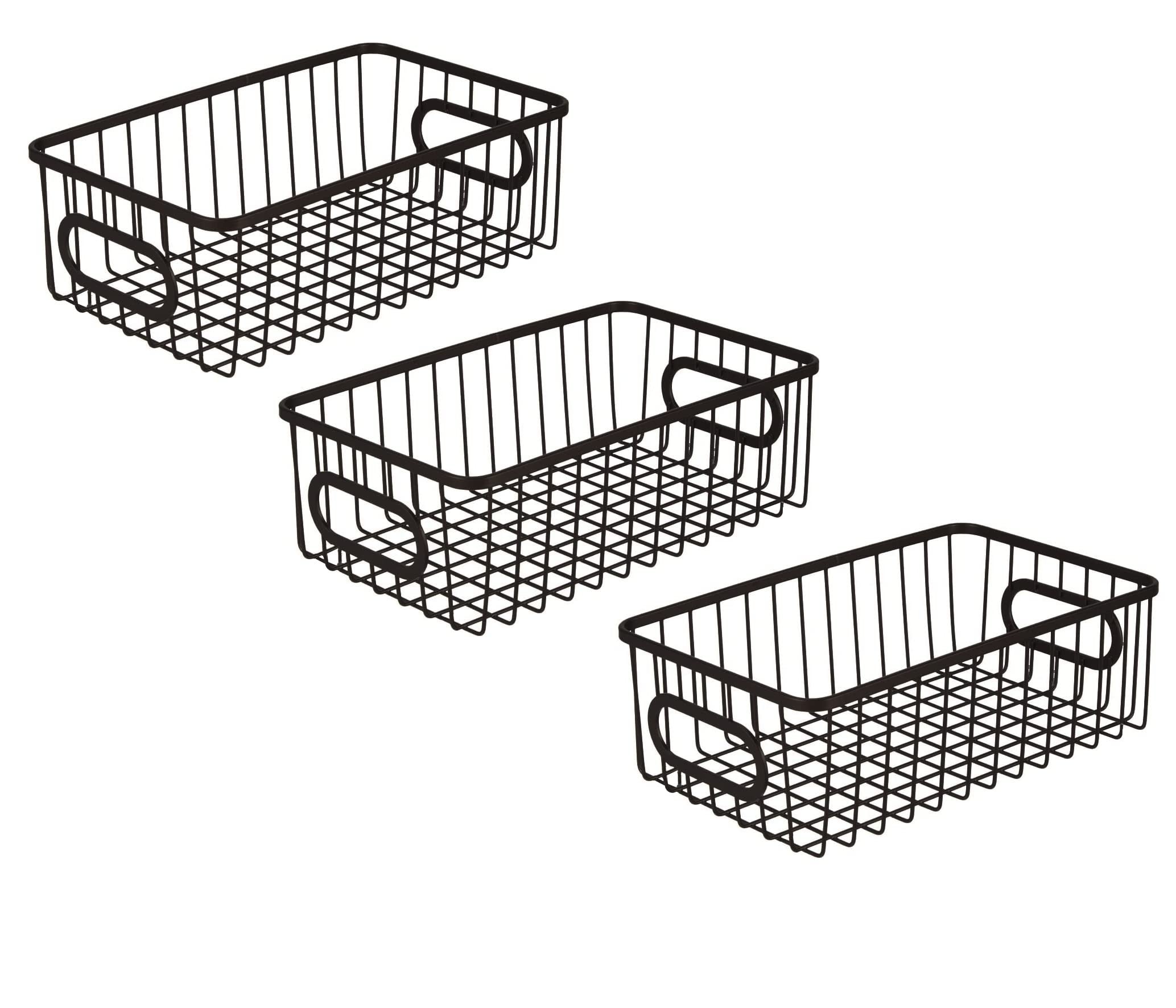 GoHooked Bianco black metal wire grid storage basket bin with handles, pack of 3. Modern design for versatile organization.