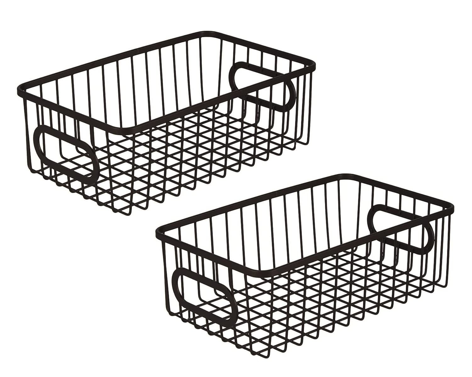 GoHooked Bianco black metal wire grid storage basket bin with handles, pack of 2. Modern design for versatile organization.