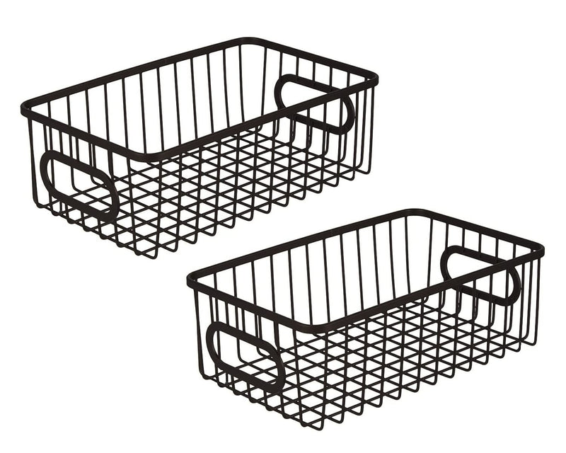 GoHooked Bianco black metal wire grid storage basket bin with handles, pack of 2. Modern design for versatile organization.
