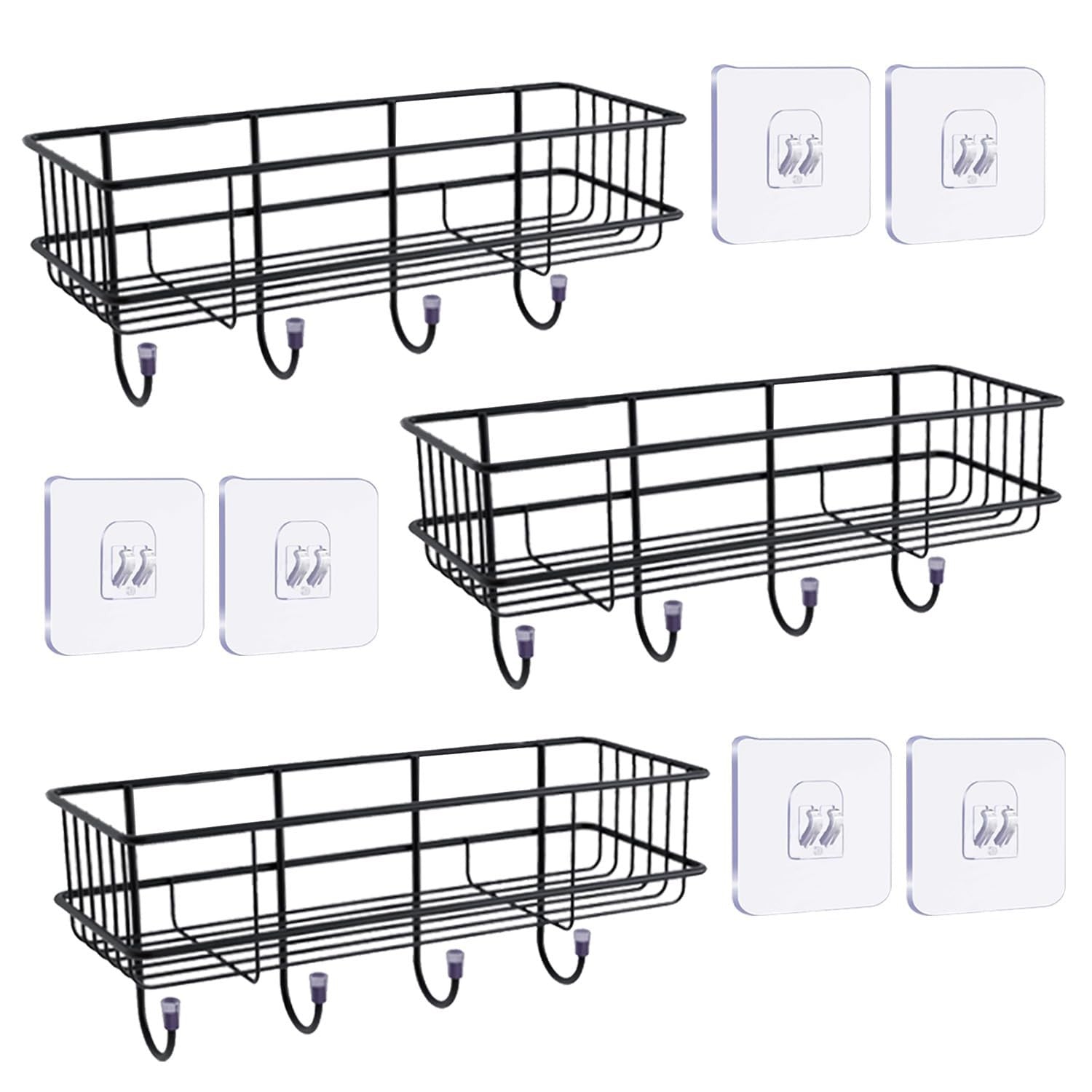 GoHooked Bianco black metal storage baskets with hooks, set of 3, no-drill adhesive shelves for bathroom organization.