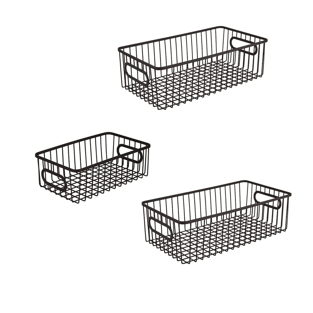 GoHooked Bianco black metal wire grid storage baskets with integrated handles, 10-inch and 16-inch sizes.