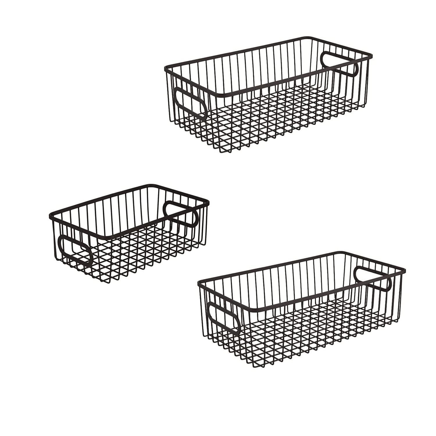 GoHooked Bianco black metal wire grid storage baskets with integrated handles, 10-inch and 16-inch sizes.