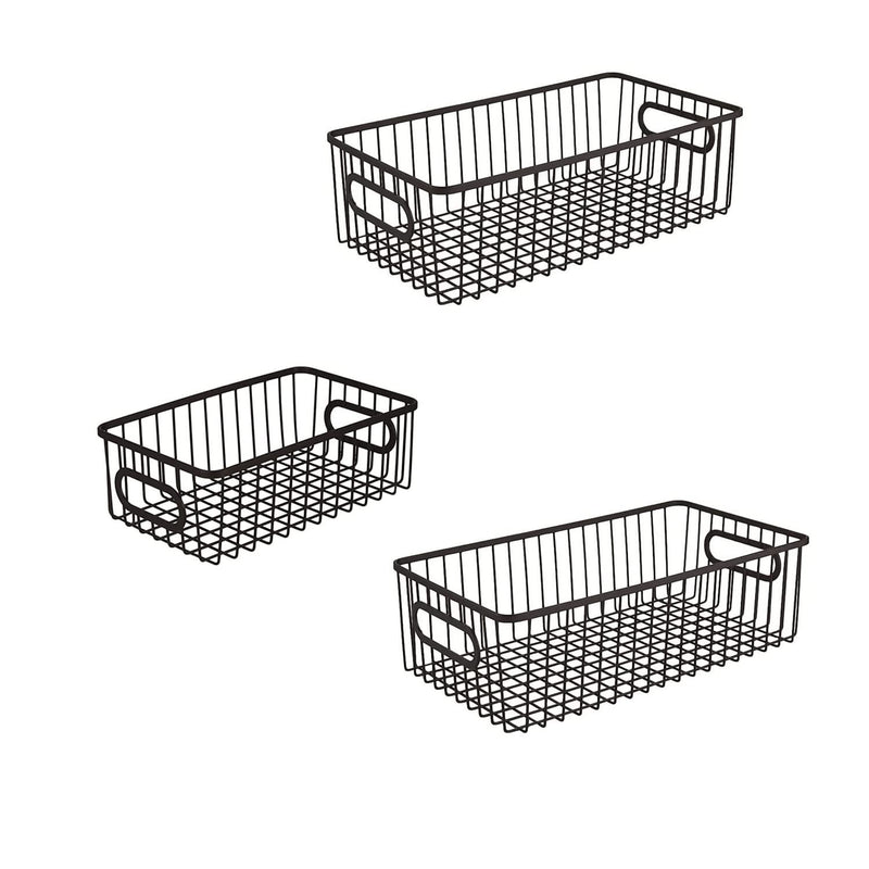 GoHooked Bianco black metal wire grid storage baskets with integrated handles, 10-inch and 16-inch sizes.