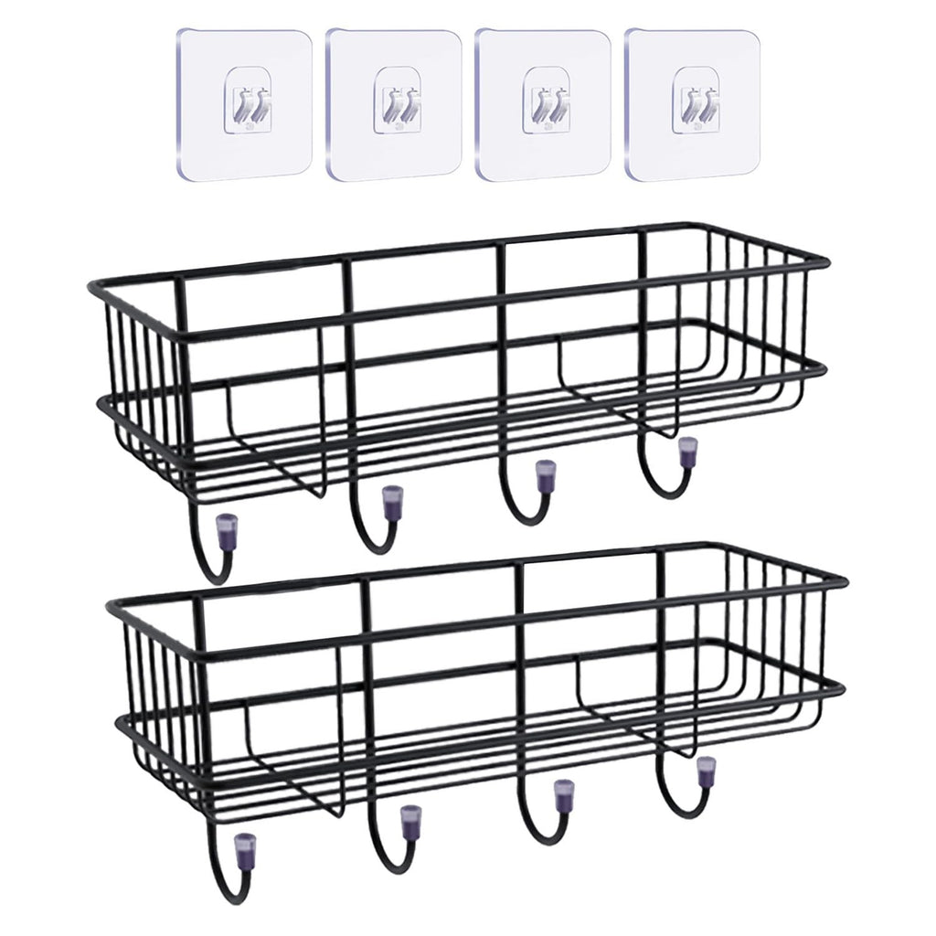 GoHooked Bianco black metal storage baskets with hooks, set of 2. No-drill, self-adhesive wall shelves for bathroom organization.