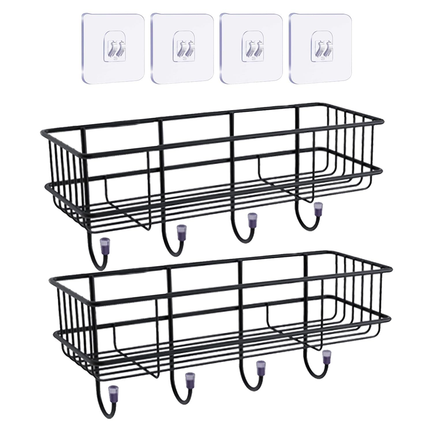 GoHooked Bianco black metal storage baskets with hooks, set of 2. No-drill, self-adhesive wall shelves for bathroom organization.