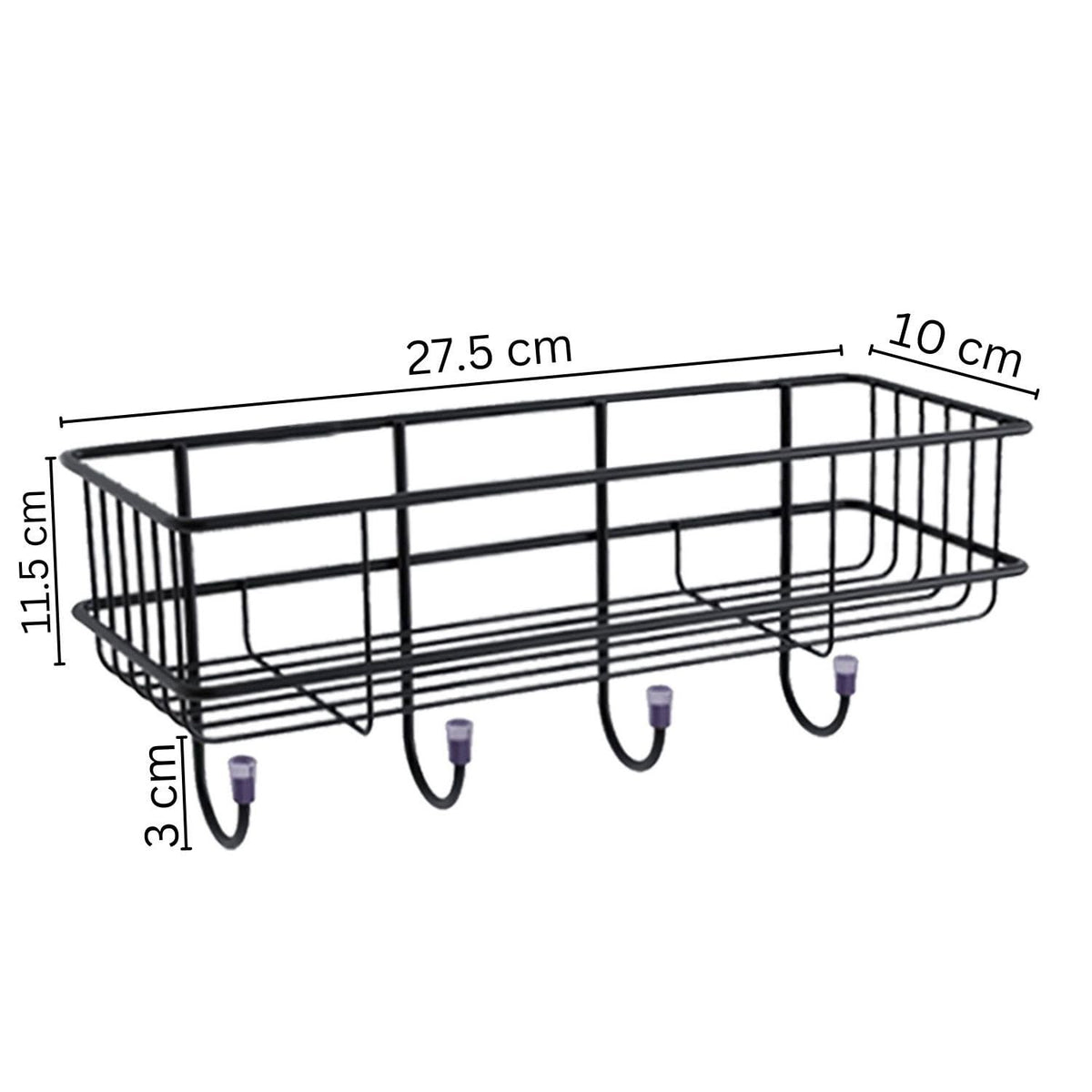 GoHooked Bianco black metal wall basket with 4 hooks, 27.5cm wide, for bathroom or home organization.