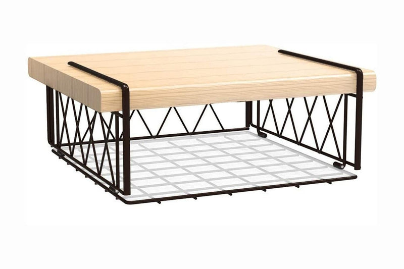 GoHooked Bianco black metal under shelf basket with a diamond pattern wire frame and a light wood top.